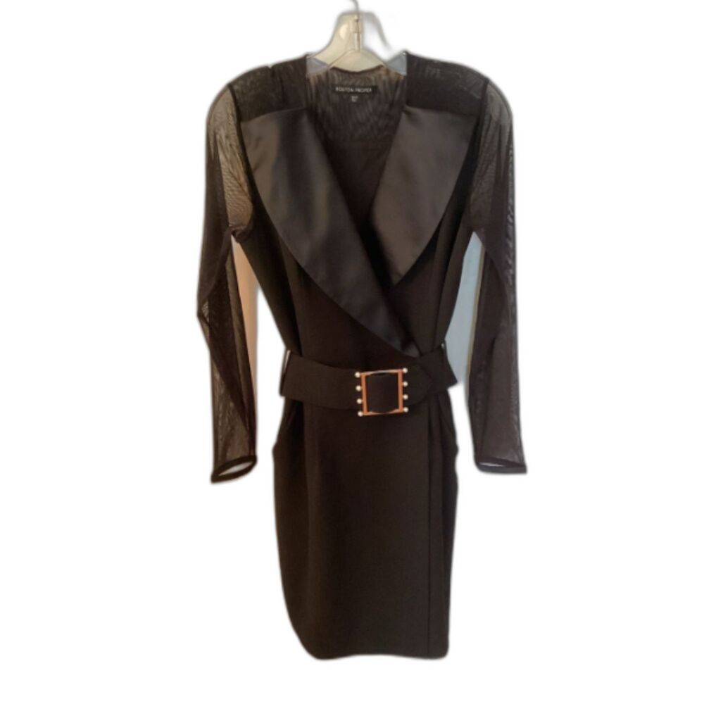 BOSTON PROPER SZ 8 BLACK TUXEDO INSPIRED BELTED WRAP DRESS WITH MESH SLEEVES
